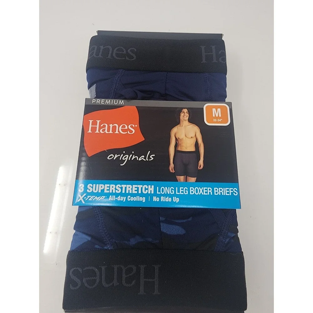 Hanes Mens Originals Superstretch Long Leg Boxer Briefs Blue Polyester Size M